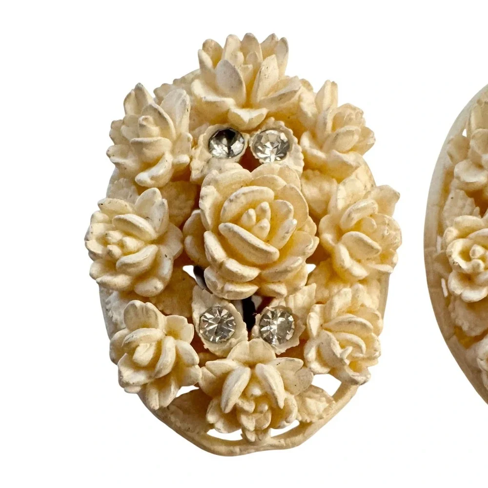 Vintage‎ Cream Celluloid Carved Roses Statement Earrings Oval Cottage Feminine